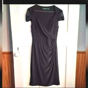 LAUREN RALPH LAUREN Dress Women's 8 Black Cap Sleeve Surplice Stretchy EUC